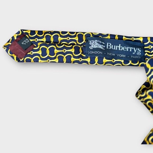 Burberry Horsebit Tie Navy Blue Yellow Silk Classic Preppy Authentic Necktie EUC - Picture 3 of 8